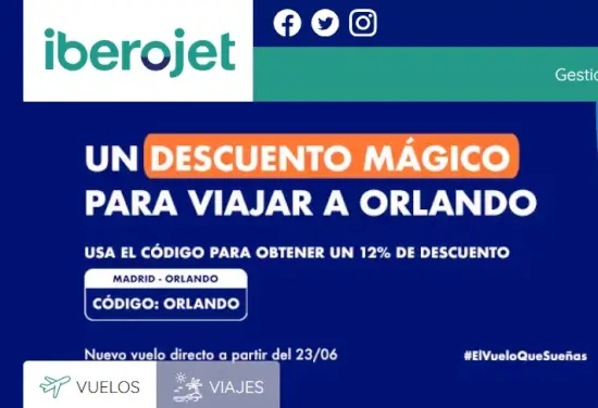 Código descuento Iberojet de 12% de descuento en viajes a Orlando