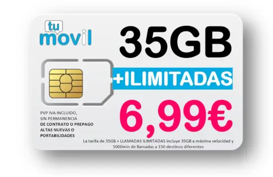 35GB Datos Móvil + Llamadas ilimitadas solo 6.99€ con esta oferta en Tu Movil
