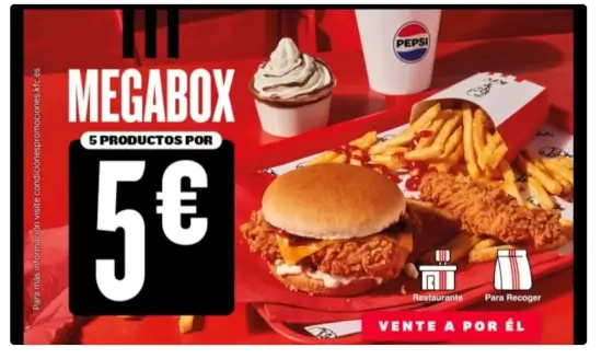 Oferta KFC de 5 productos por 5€ con el Megabox 2024 activo en restaurante y a recoger