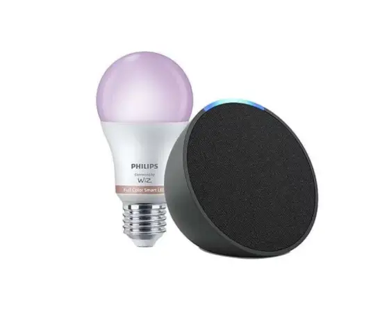 Pack de Echo Pop Altavoz inteligente con Alexa, Antracita + Bombilla inteligente Philips Smart LED, 8,5 W (Eq. 60 W) A60 E27, Luz Blanca y Colores por solo 23 € en MediaMarkt
