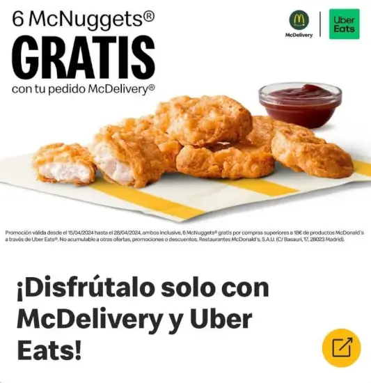 6 McNuggets de regalo con tu pedido de 18€ de Uber eats