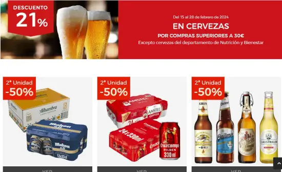Oferta de cervezas de varias marcas la 2°unidad al 50% en El Corte Inglés