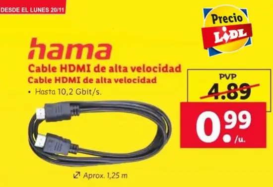 Cable HDMI Hama alta velocidad de 1,25m con 89% Off en Lidl