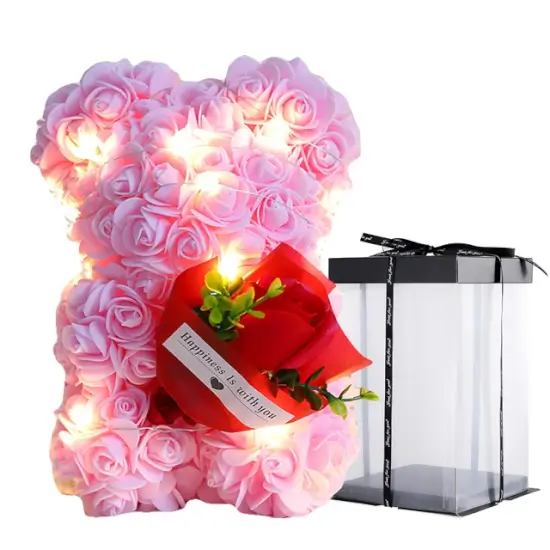 San Valentín en AliExpress: Oso rosa de peluche con caja, 25cm, flores artificiales con hasta 40% de descuento
