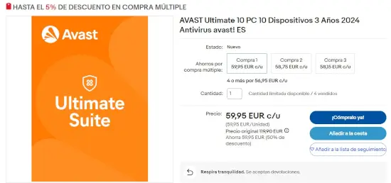 AVAST Ultimate con 50% Off + 5% Off en compra múltiple en eBay